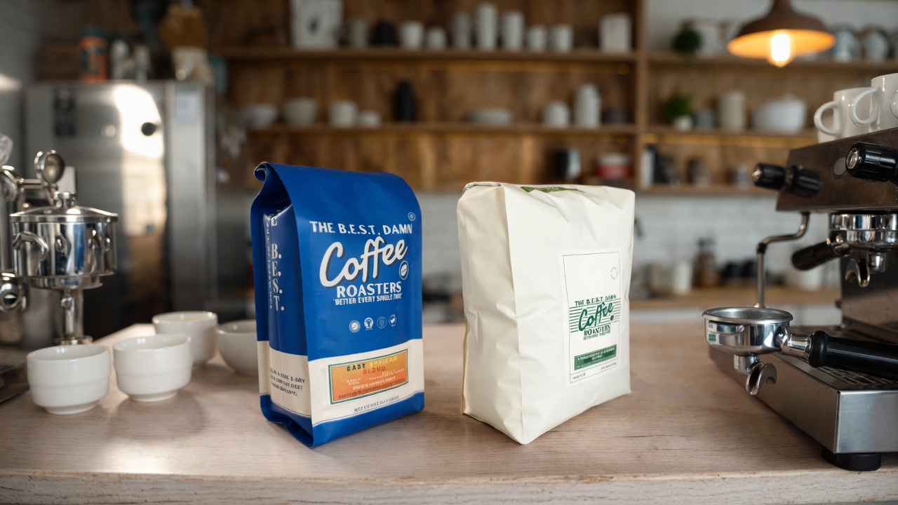 The Best Damn Coffee bags on a cafe counter